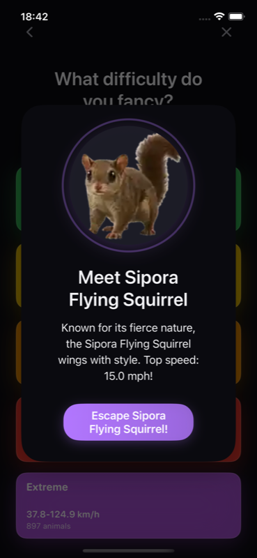 Difficulty selection screen with an animal opponent profile and tier selector
