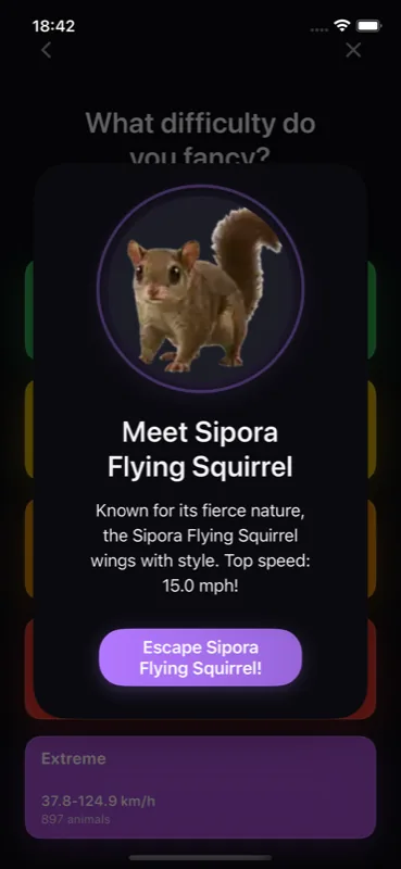 Difficulty selection screen with an animal opponent profile and tier selector