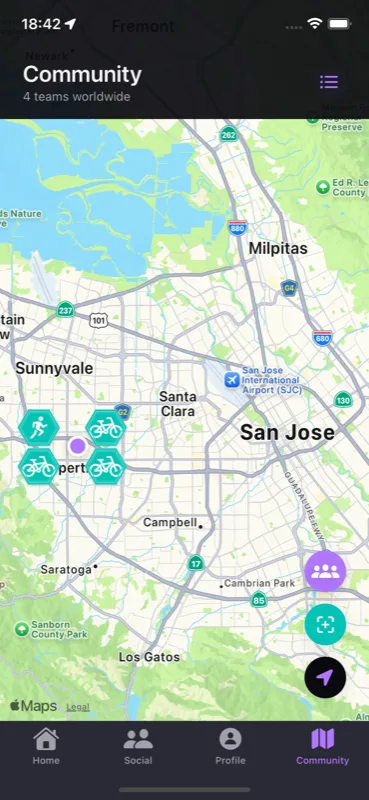 Community tab showing teams worldwide on a map