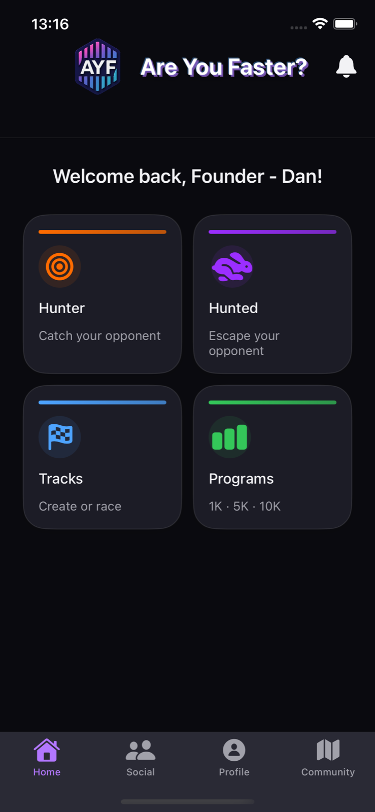 Are You Faster home screen showing Hunter, Hunted, Tracks and Programs modes