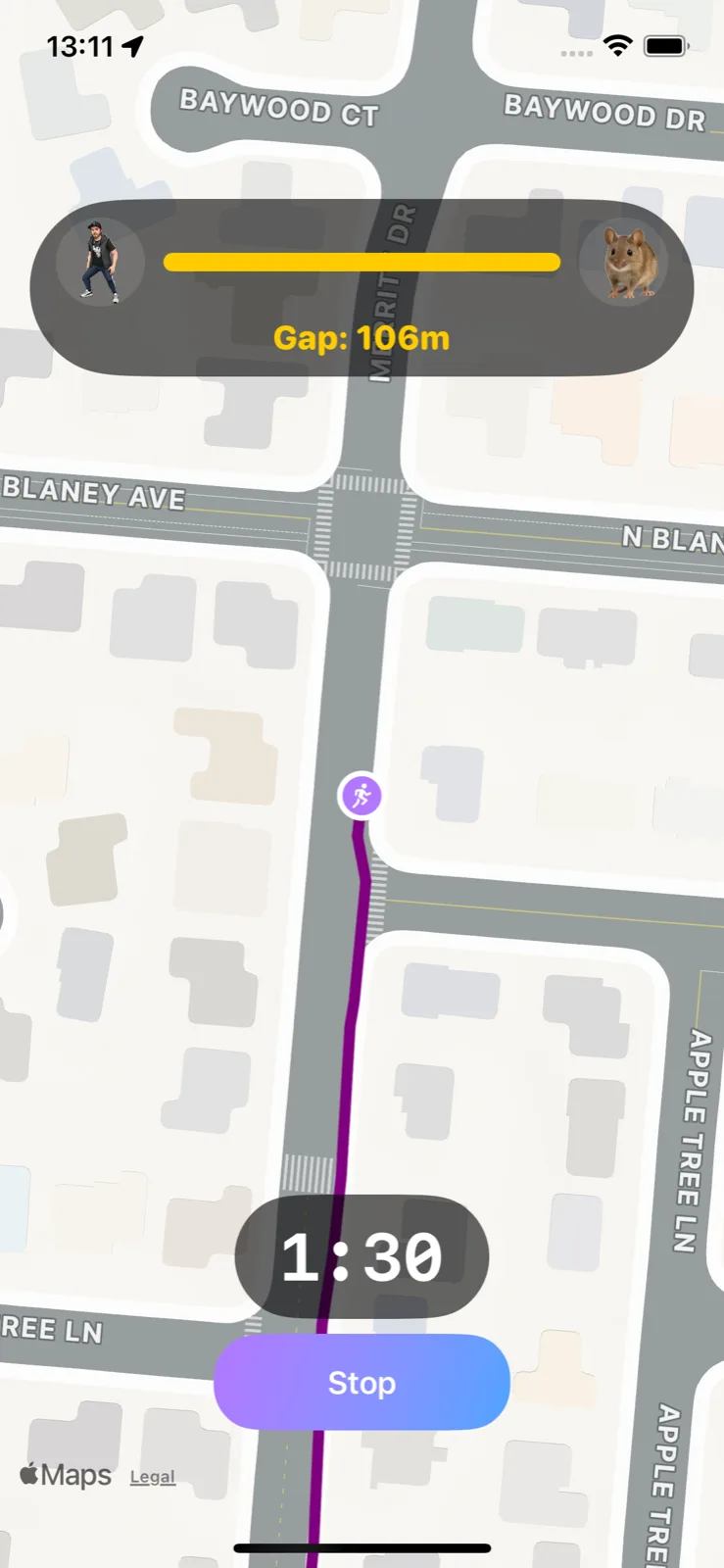 Hunter mode: live race with the gap to the animal opponent (German Shepherd) and the run timer