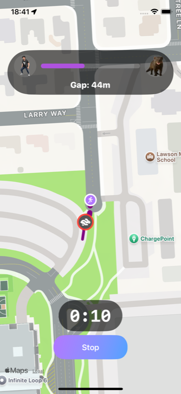 Hunted mode: live race with the gap to the animal opponent and the run timer