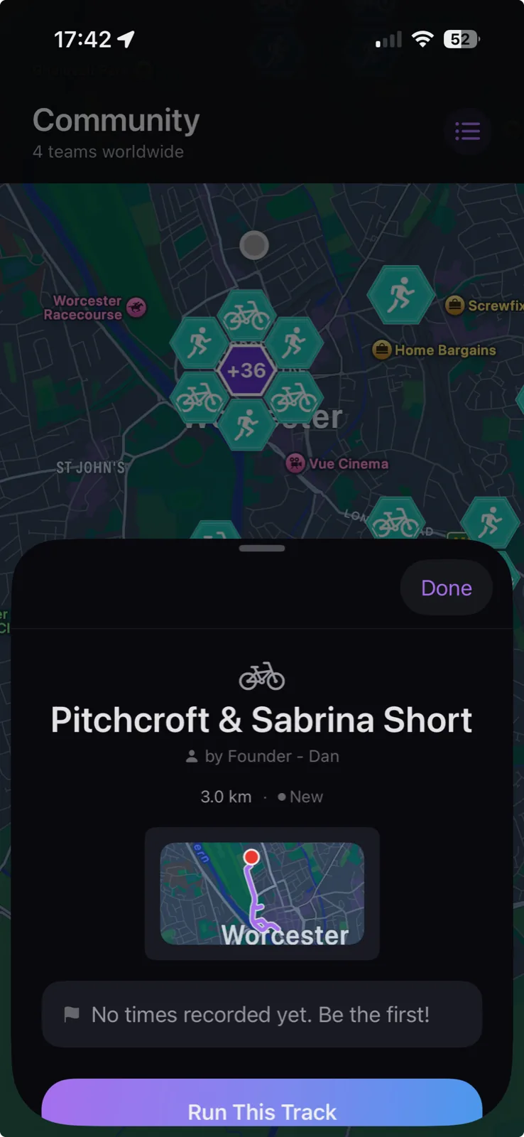 Tracks tab showing curated routes across Worcester with a route preview